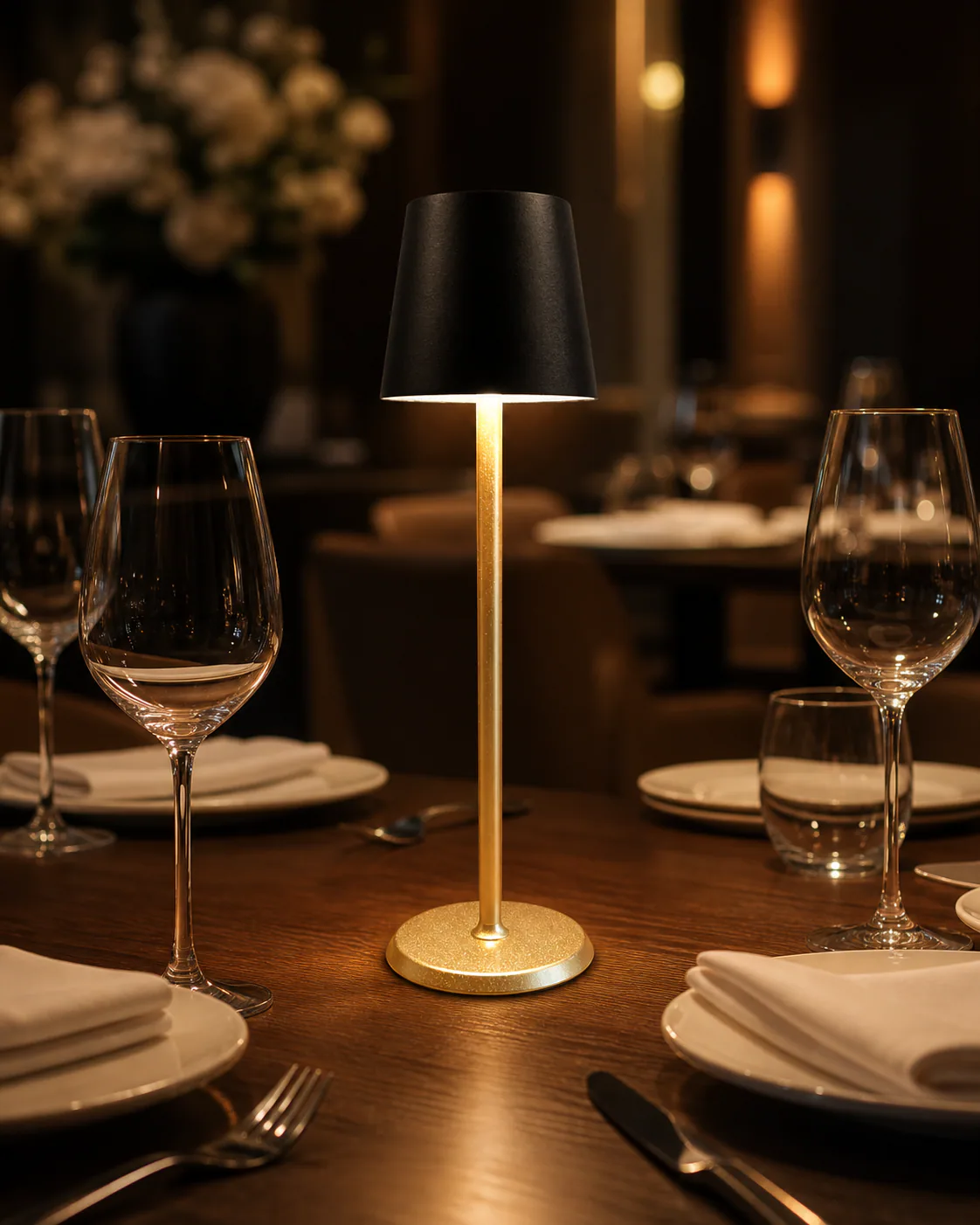 Norda Black & Gold Gastro-Tischleuchte im professionellen Gastronomie-Einsatz